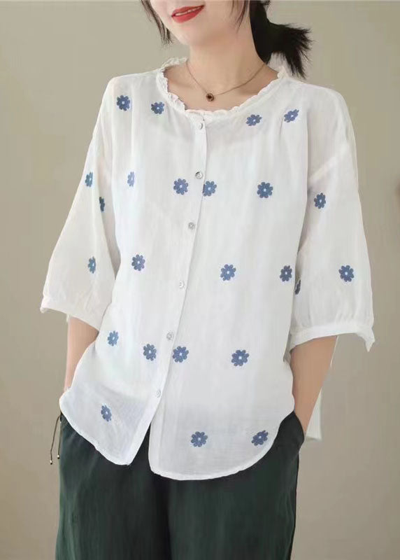 Retro White Embroideried Patchwork Linen Tops