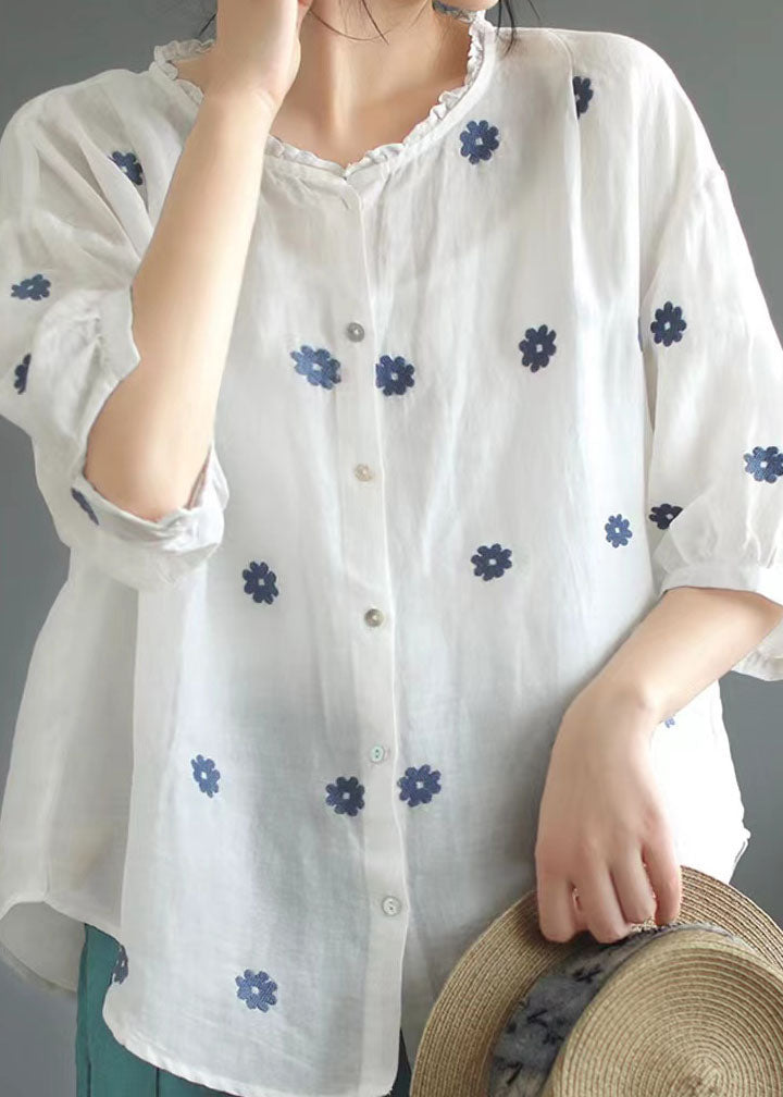 Retro White Embroideried Patchwork Linen Tops