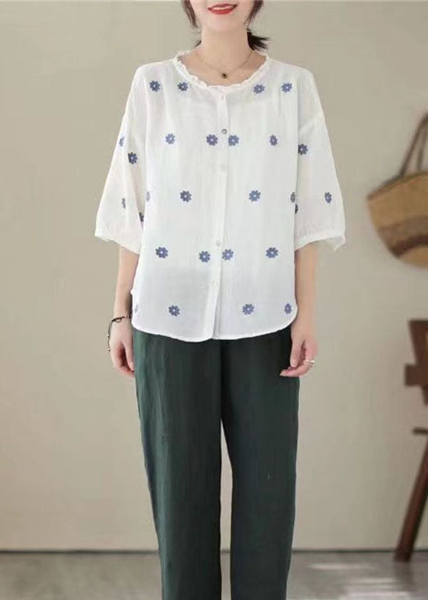 Retro White Embroideried Patchwork Linen Tops