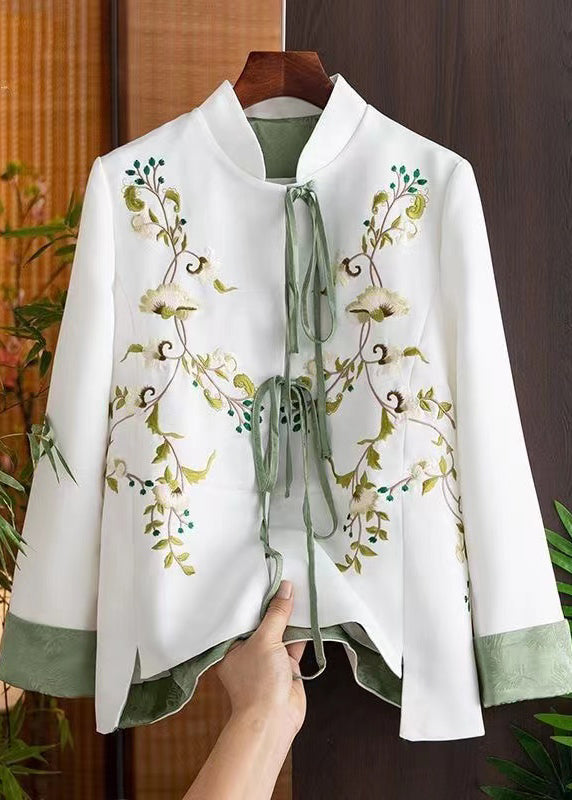 Retro White Stand Collar Embroideried Lace Up Patchwork Cotton Coats Fall