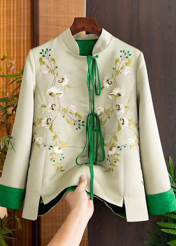Retro White Stand Collar Embroideried Lace Up Patchwork Cotton Coats Fall