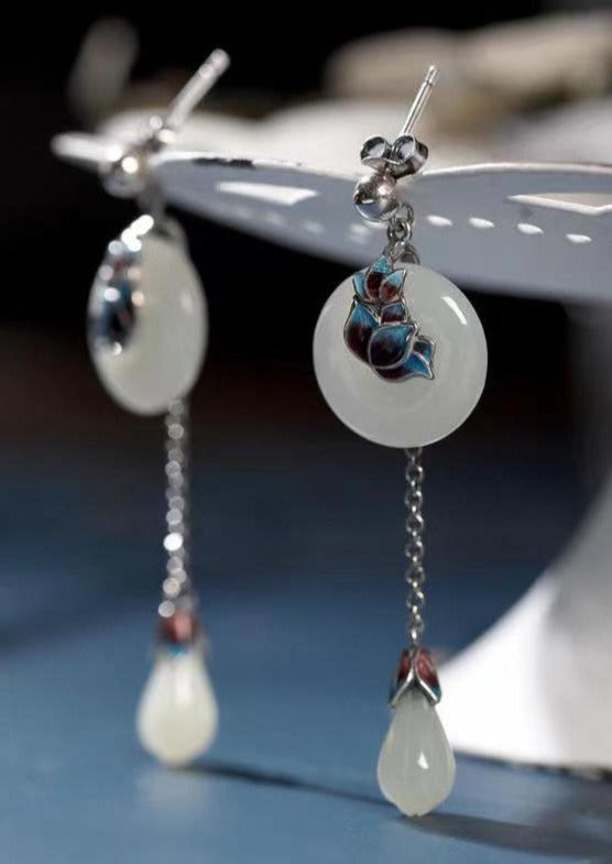 Retro White Sterling Silver Cloisonne Pearl Drop Earrings