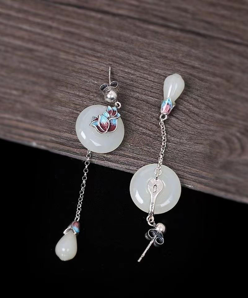 Retro White Sterling Silver Cloisonne Pearl Drop Earrings