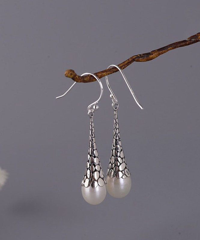 Retro White Sterling Silver Pearl Drop Earrings
