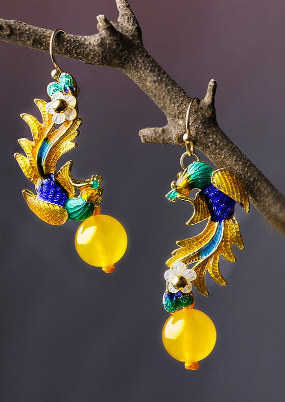 Retro Yellow Gold Plated Phoenix Cloisonne Jade Drop Earrings