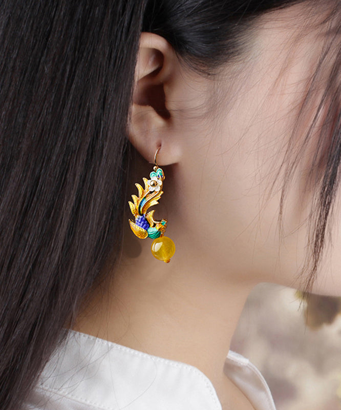 Retro Yellow Gold Plated Phoenix Cloisonne Jade Drop Earrings