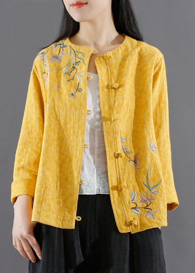 Retro Yellow O Neck Embroideried Cotton Short Coat Spring