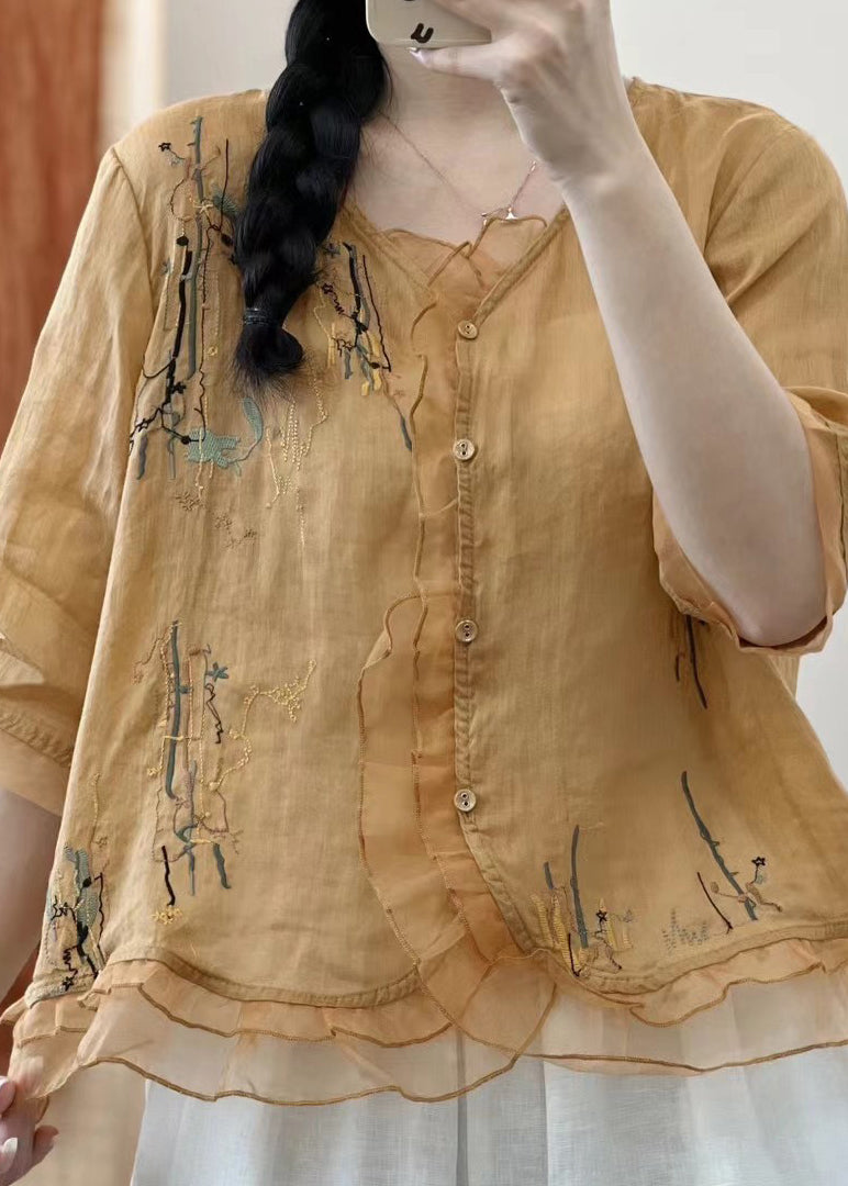 Retro Yellow Ruffled Embroideried Patchwork Linen Shirts Summer