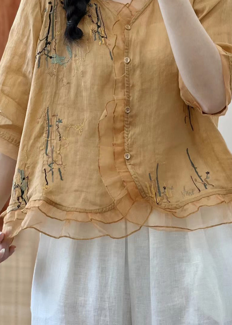 Retro Yellow Ruffled Embroideried Patchwork Linen Shirts Summer