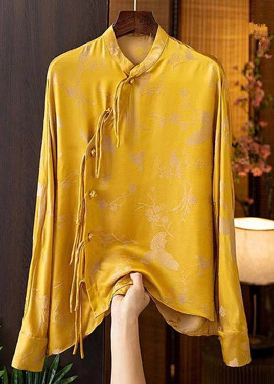 Retro Yellow Stand Collar Button Low High Design Silk Shirt Long Sleeve