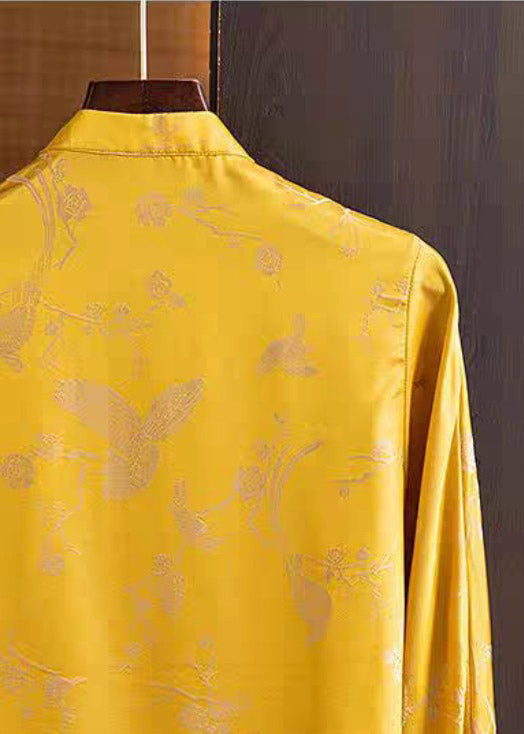 Retro Yellow Stand Collar Button Low High Design Silk Shirt Long Sleeve