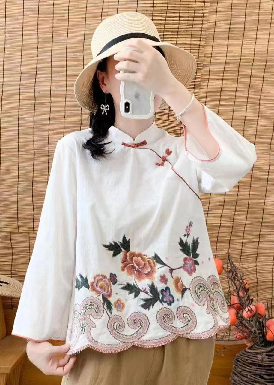 Retro Yellow Stand Collar Embroideried Cotton Shirts Spring