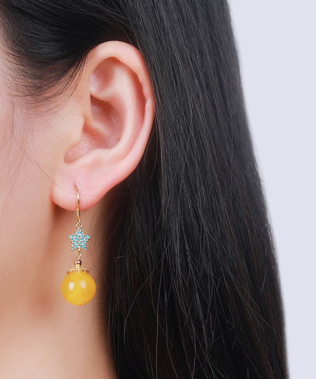 Retro Yellow Sterling Silver Amber Beeswax Star Drop Earrings