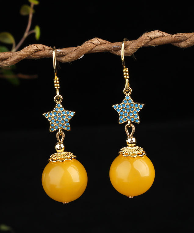 Retro Yellow Sterling Silver Amber Beeswax Star Drop Earrings