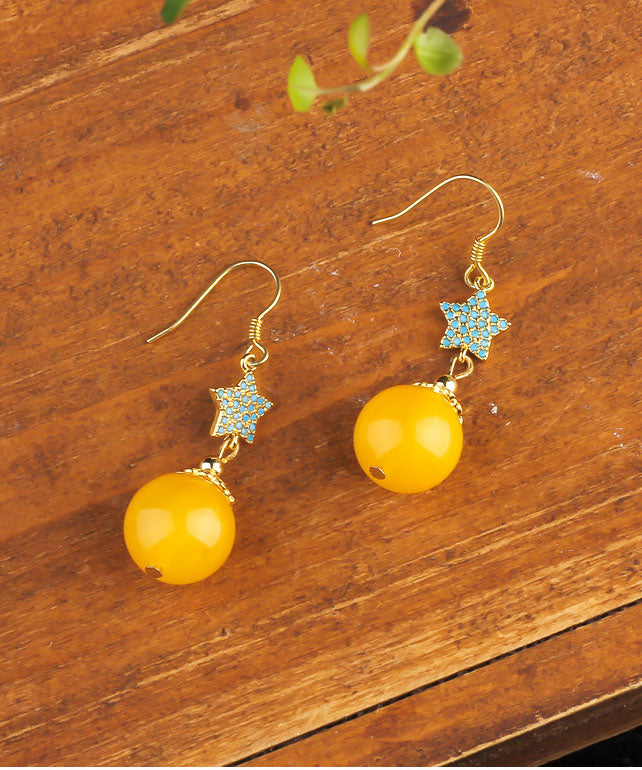 Retro Yellow Sterling Silver Amber Beeswax Star Drop Earrings