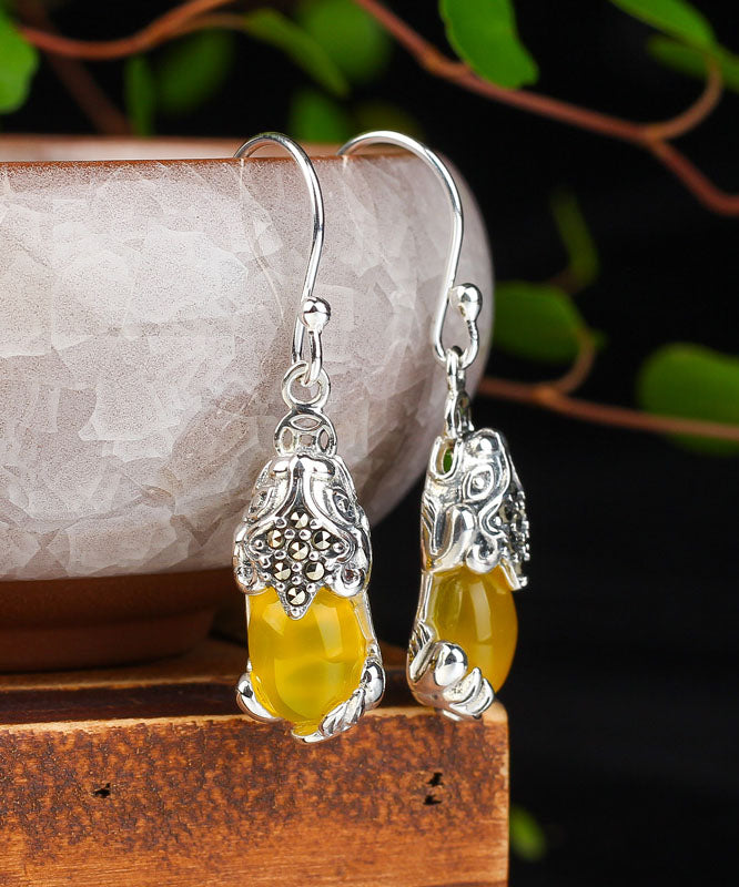 Retro Yellow Sterling Silver Inlaid Chalcedony A Mythical Wild Animal Drop Earrings