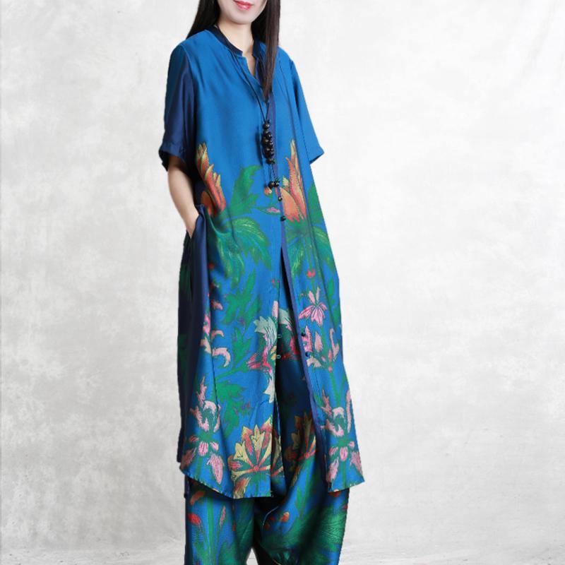Retro blue silk two-piece female loose collar literary printing long cardigan wide leg pants summer - Omychic