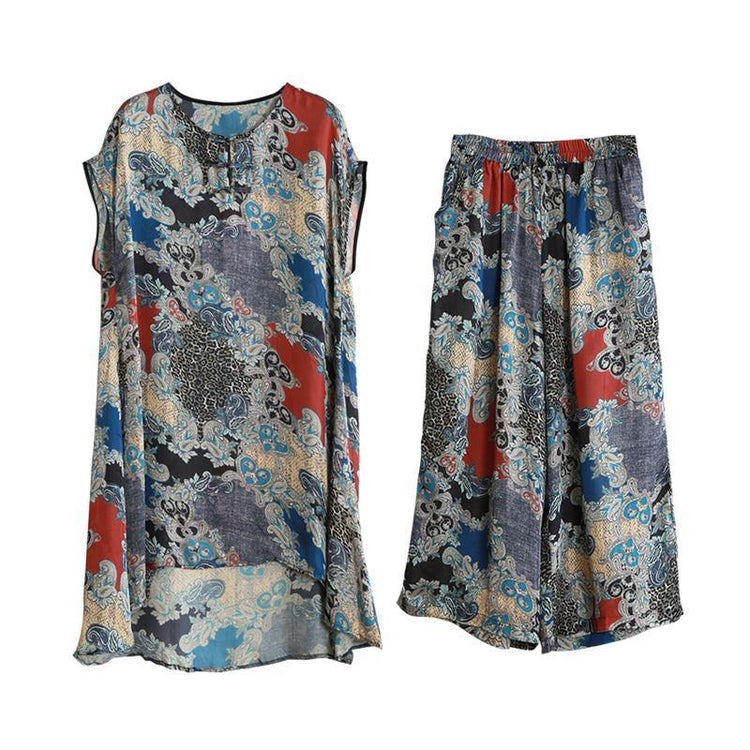 Retro Light Silky Print Two-piece Ladies Loose And Elegant Long Shirt Casual Pants ( Limited Stock) - Omychic