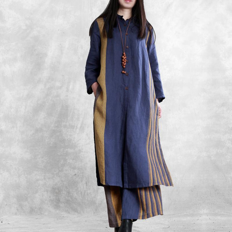 Retro loose linen long suit female large size blue striped cardigan 20 spring two-piece - Omychic