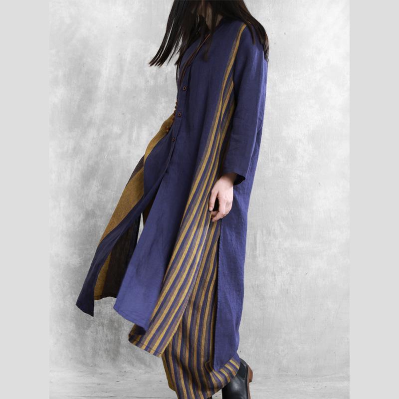 Retro loose linen long suit female large size blue striped cardigan 20 spring two-piece - Omychic