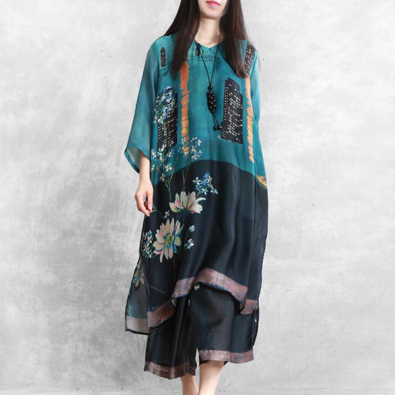 Retro national style large size blended blue printed silk suit women loose shirt + casual cropped pants - Omychic