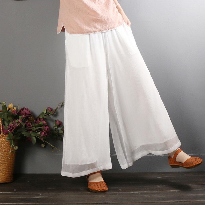 Retro wide leg pants casual cotton white women's loose culottes - Omychic