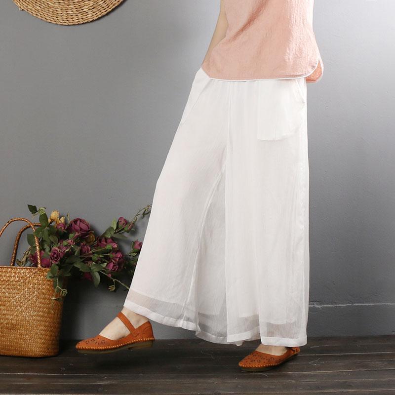 Retro wide leg pants casual cotton white women's loose culottes - Omychic