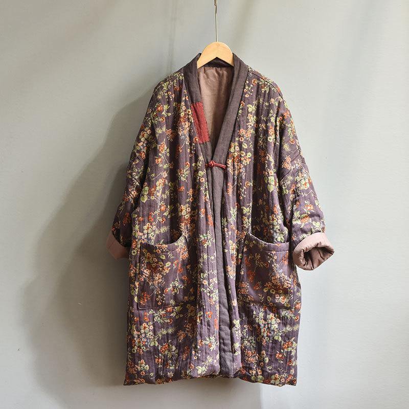 Vintage Casual Warm Floral Pocket Coat - Omychic