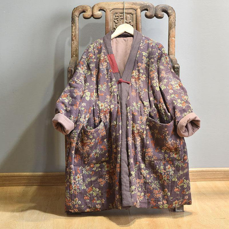 Vintage Casual Warm Floral Pocket Coat - Omychic