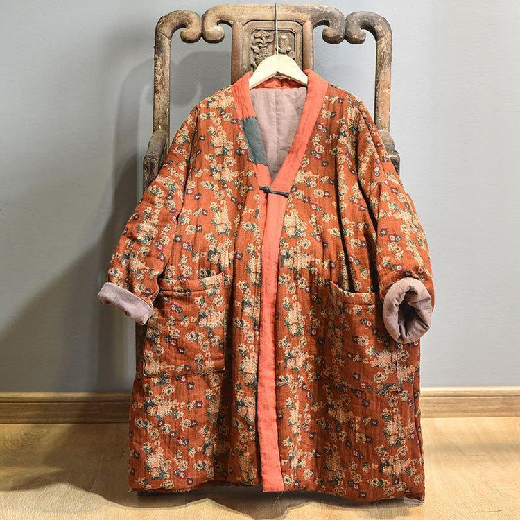 Vintage Casual Warm Floral Pocket Coat - Omychic