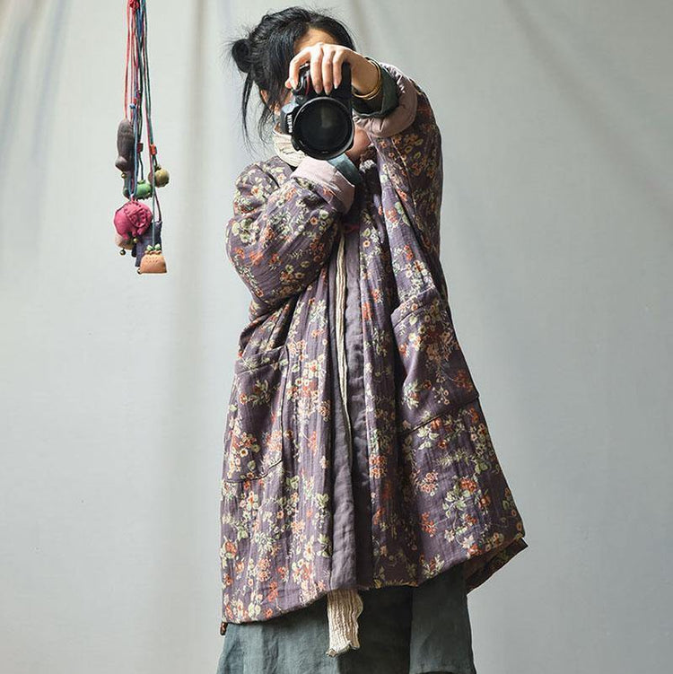 Vintage Casual Warm Floral Pocket Coat - Omychic