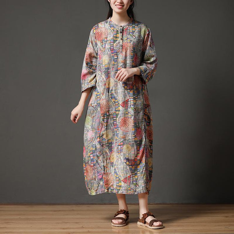 Retro Multicolor Stand Collar Autumn Long Dress - Omychic