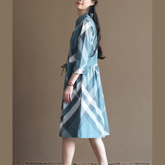 Retro New design plaid cotton sundress plus size summer dresses in blue - Omychic