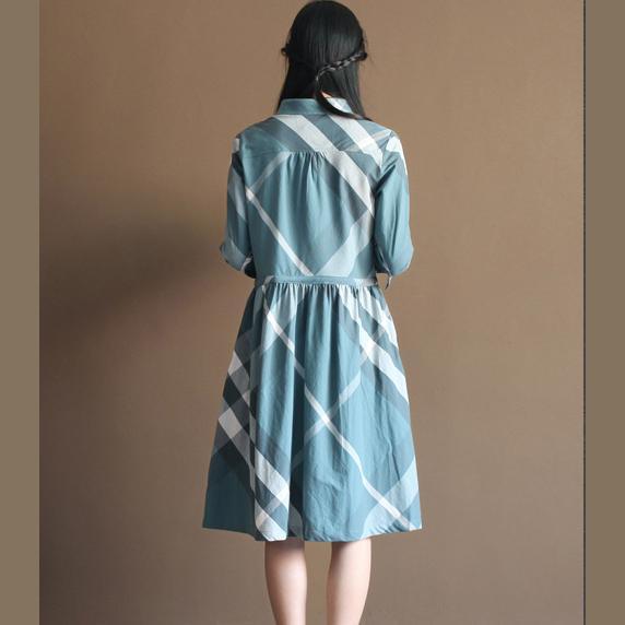 Retro New design plaid cotton sundress plus size summer dresses in blue - Omychic