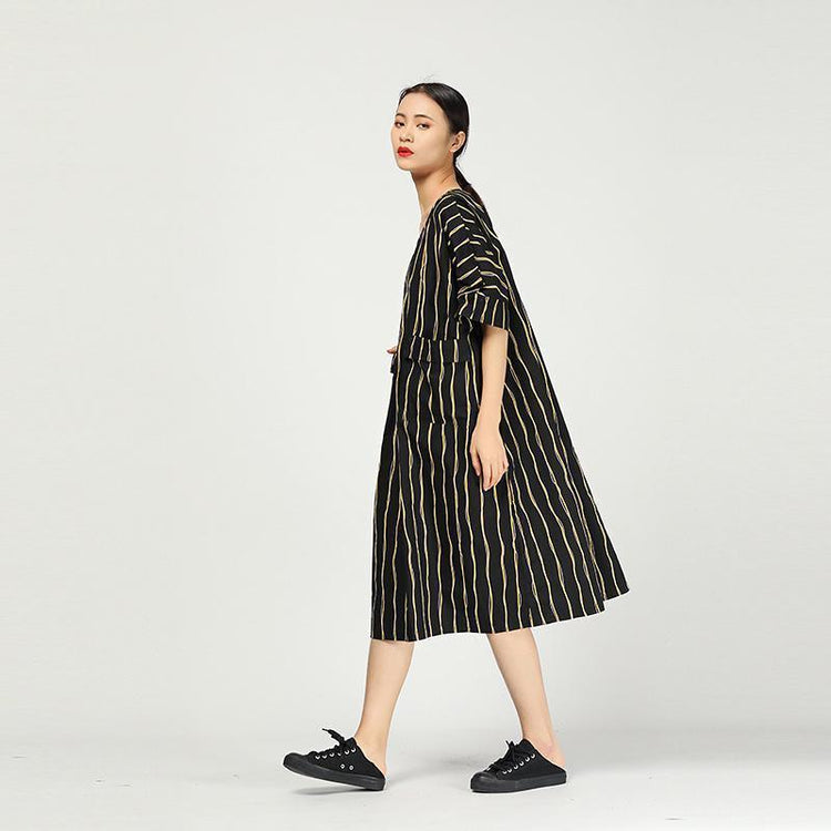 Retro Round Neck Stripe Loose Pocket Dress - Omychic
