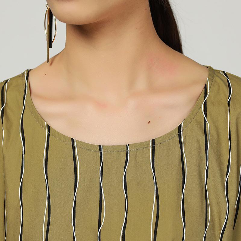 Retro Round Neck Stripe Loose Pocket Dress - Omychic