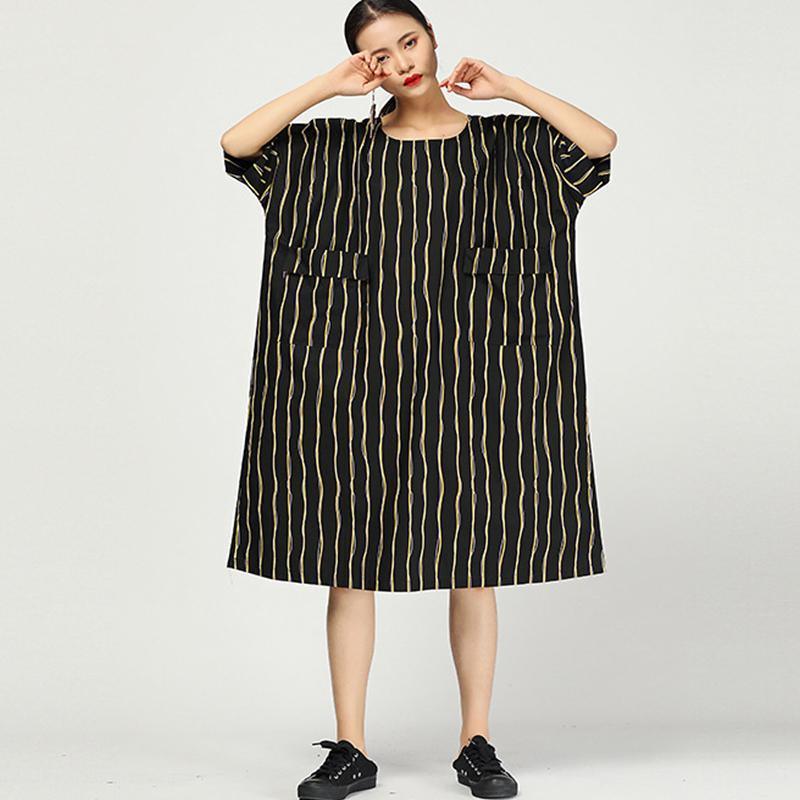 Retro Round Neck Stripe Loose Pocket Dress - Omychic