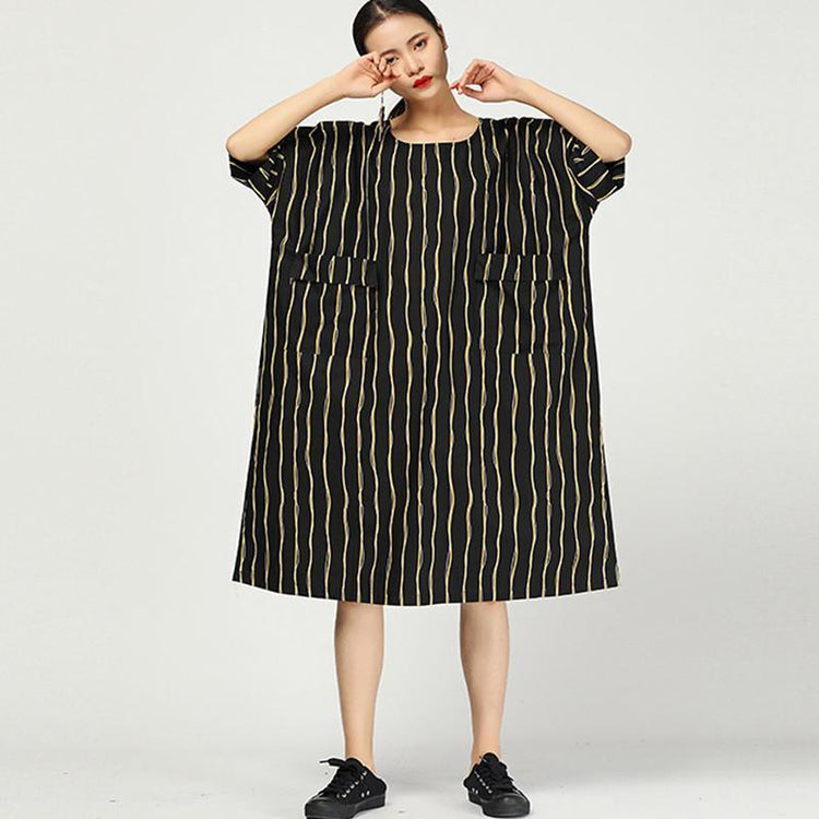 Retro Round Neck Stripe Loose Pocket Dress - Omychic