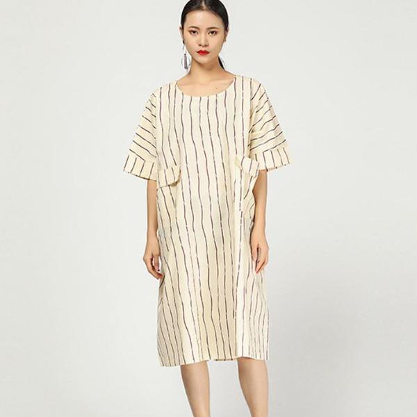Retro Round Neck Stripe Loose Pocket Dress - Omychic