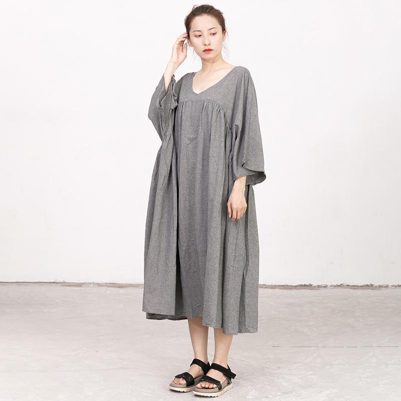 Retro V Neck Three Quarter Sleeve Loose Gray Dress - Omychic