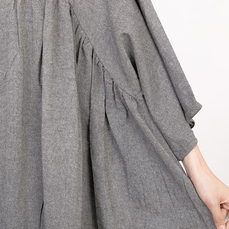 Retro V Neck Three Quarter Sleeve Loose Gray Dress - Omychic