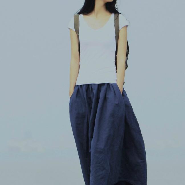 Retro blue linen skirts Summer pockets pleated skirt long maxi skirts - Omychic