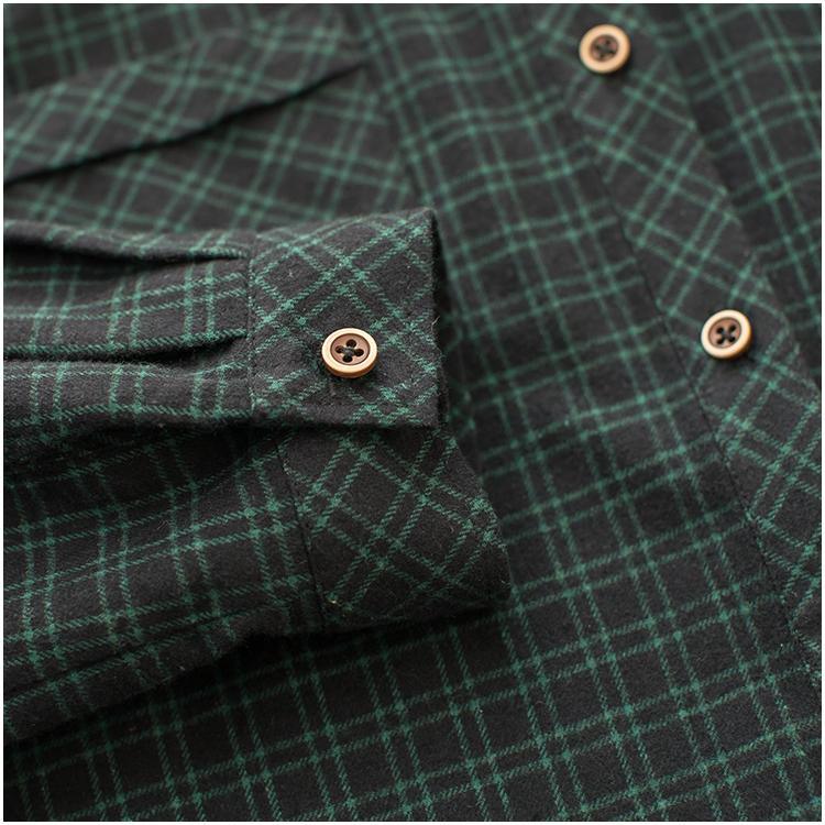 Retro green plaid Bottoming Shirt dress puls size casaul cotton long sleeve dress - Omychic