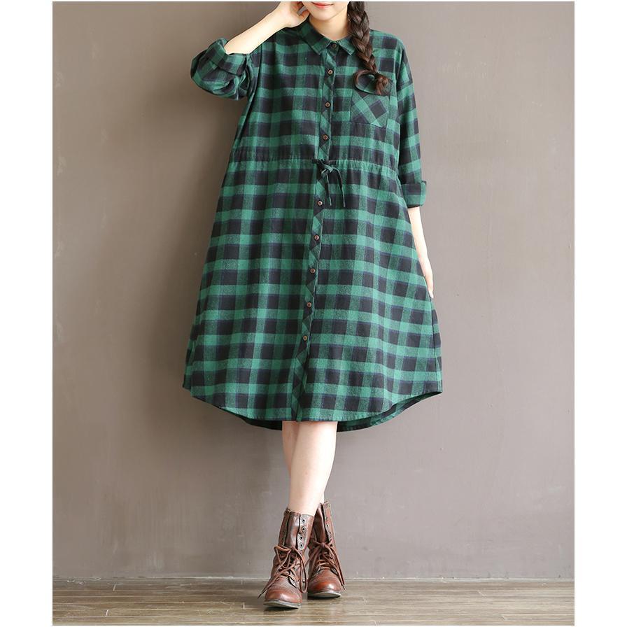 Retro green plaid cotton shirt dress plus size cotton dresses long sleeve - Omychic
