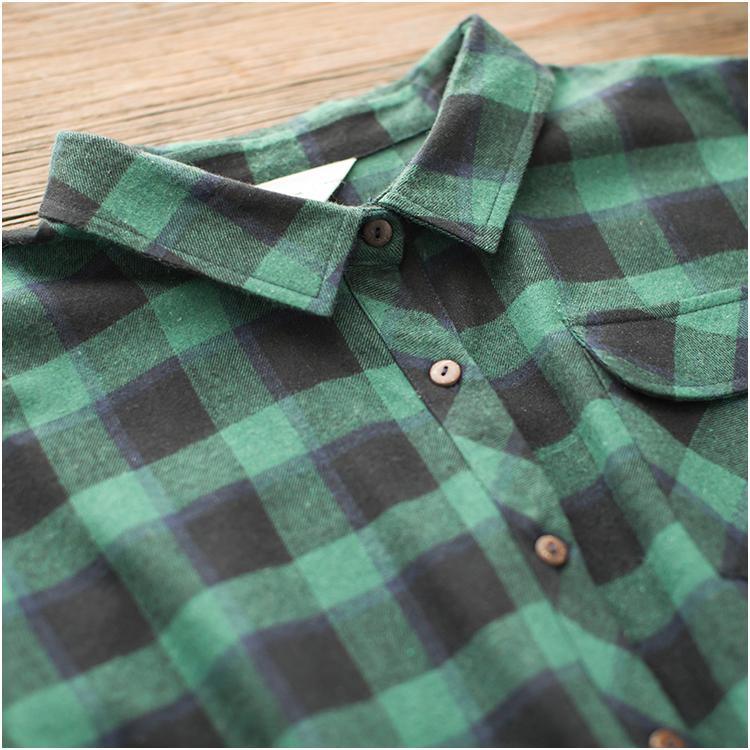 Retro green plaid cotton shirt dress plus size cotton dresses long sleeve - Omychic