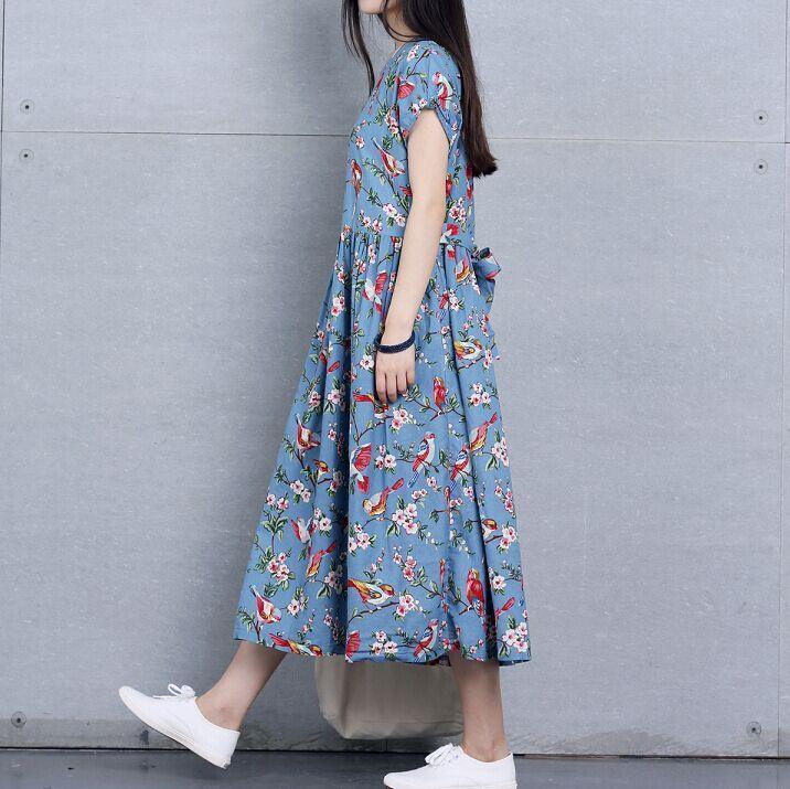 Retro print floral linen sundress oversize maxi dresses summer traveling dress - Omychic