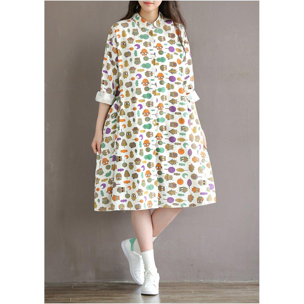 Retro Print Linen Dress Large Pocket Floral Sundress Cotton Traveling Dresses - Omychic