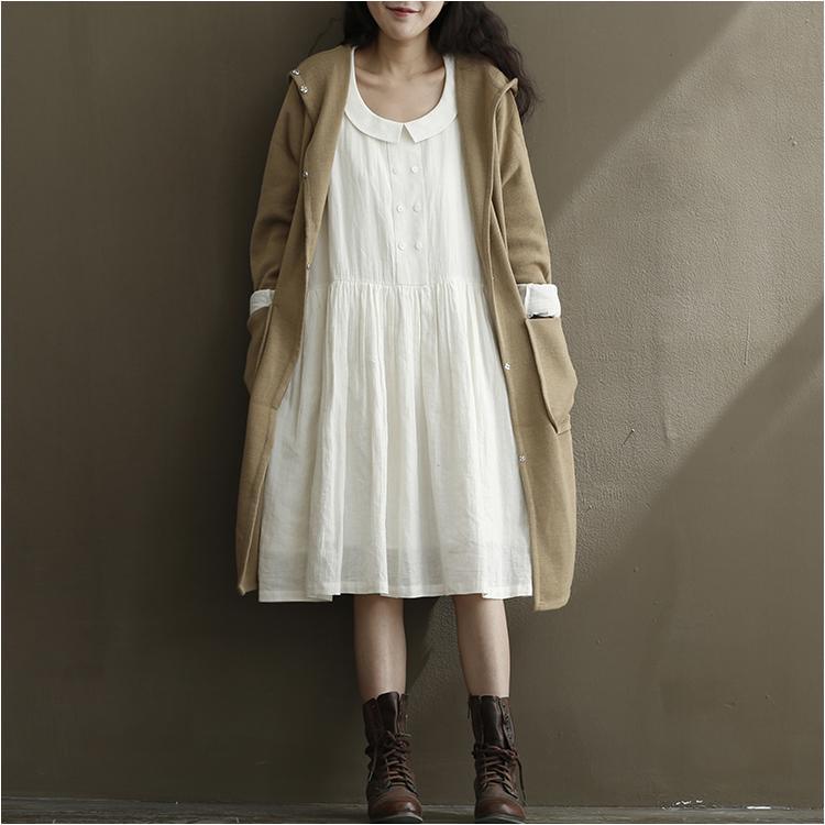 Retro white linen sundress plus size spring cotton dresses simple traveling dress - Omychic