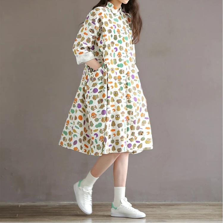 Retro Print Linen Dress Large Pocket Floral Sundress Cotton Traveling Dresses - Omychic