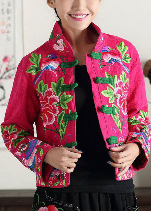 Rose Cotton Coat Outwear Mandarin Collar Embroideried Fall
